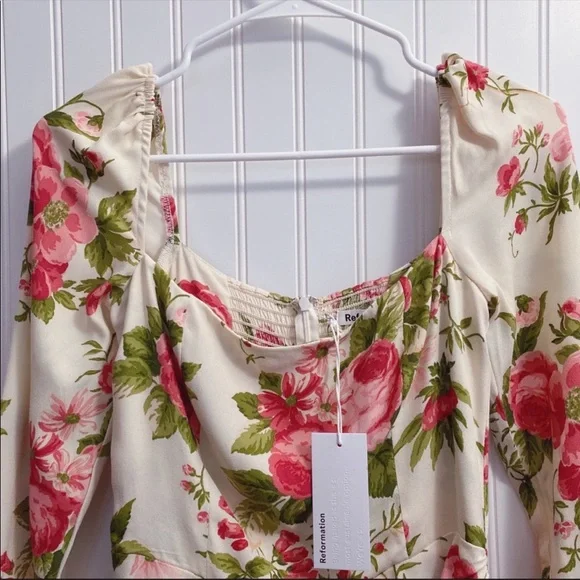 Reformation Hilda Floral Print Ruched Smocked Midi Dress In Jardin NWT Size 10 - Picture 13 of 15